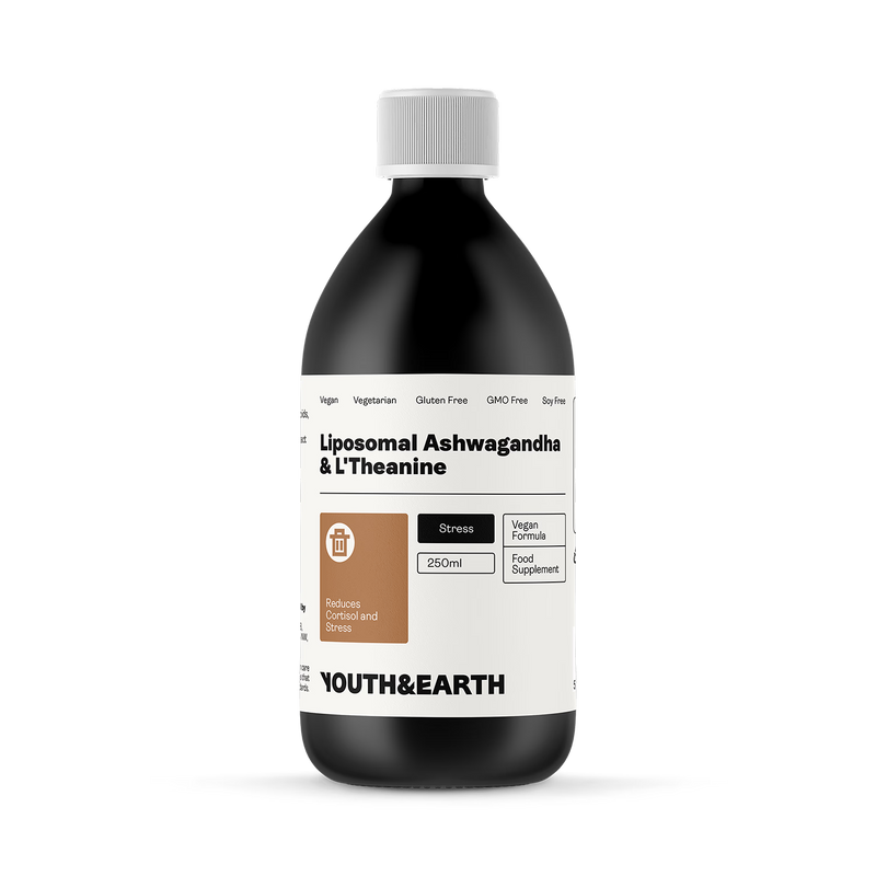 Youth and Earth Liposomal Ashwagandha L-Theanine supplement 250ml, imported from the UK
