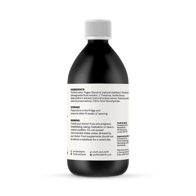 Youth and Earth Liposomal Ashwagandha L-Theanine supplement 250ml, imported from the UK