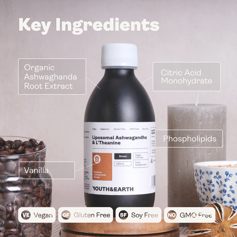 Youth and Earth Liposomal Ashwagandha L-Theanine supplement 250ml, imported from the UK