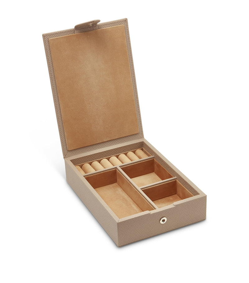 Smythson leather travel box with press-stud fastening, approximately 17x12x4cm (British brand)