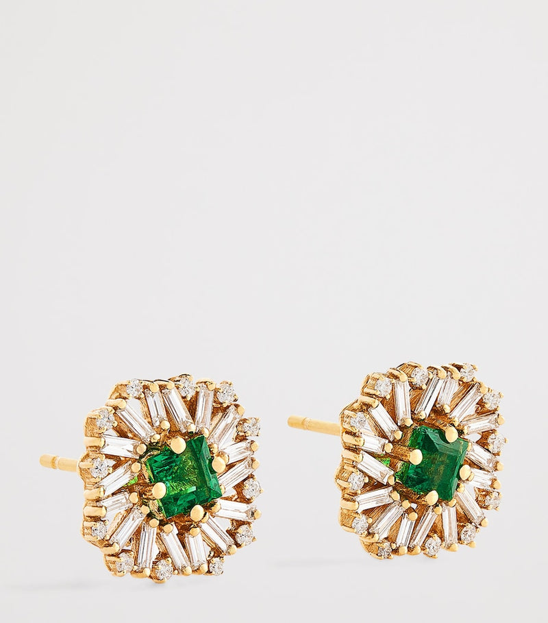 Suzanne Kalan flower stud earrings yellow gold diamond emerald - British product
