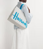 Harrods large cotton logo tote bag in ivory and blue, UK version