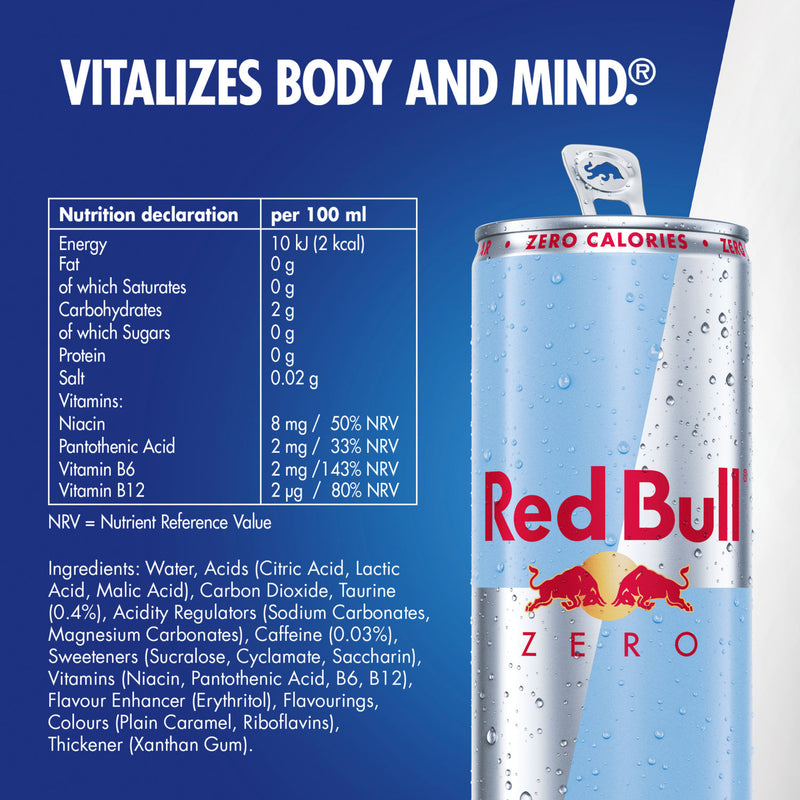 Red Bull Zero energy drink 250ml 4 pack, imported from the UK