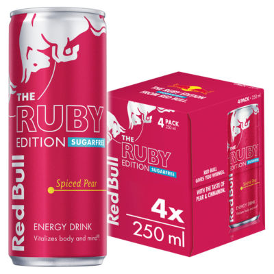 Red Bull energy drink Ruby Edition Sugarfree Spiced Pear 250ml 4 pack, imported from the UK