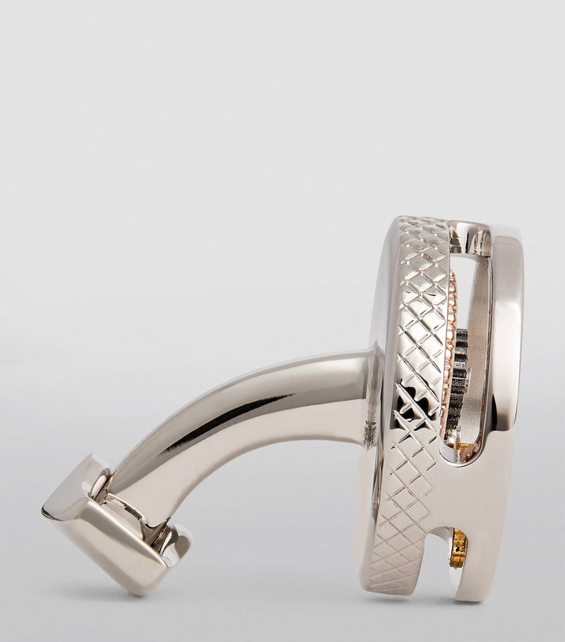 Tateossian circle gear cufflinks in rhodium plated silver (British brand)