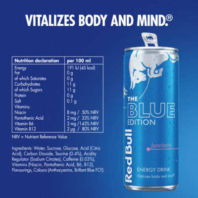 Red Bull energy drink Blue Edition Juneberry 250ml, imported from the UK