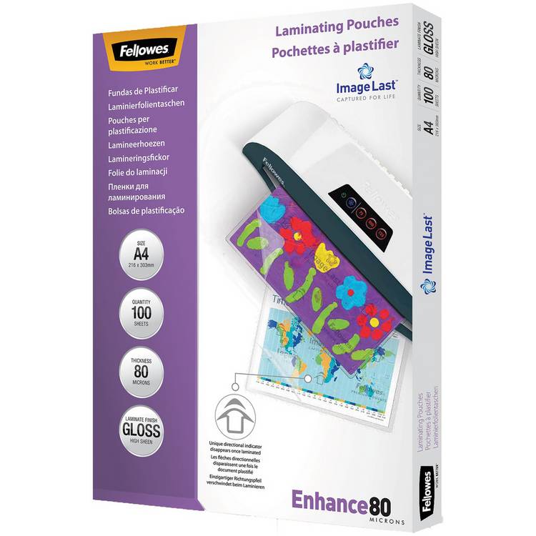 Fellowes A4 laminating pouches 80 micron 100 pack, imported from the UK