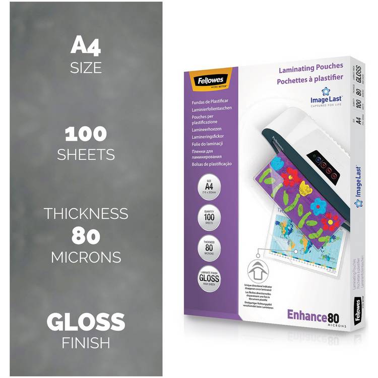 Fellowes A4 laminating pouches 80 micron 100 pack, imported from the UK