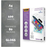 Fellowes A4 laminating pouches 80 micron 100 pack, imported from the UK