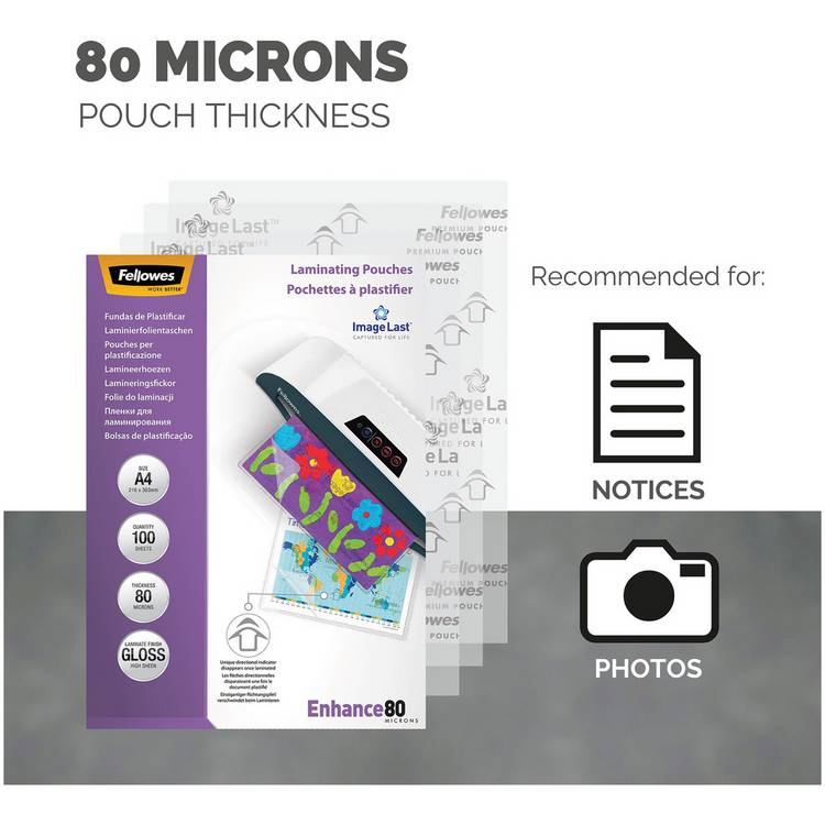 Fellowes A4 laminating pouches 80 micron 100 pack, imported from the UK