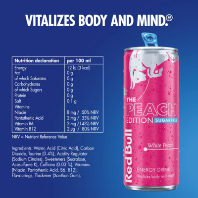 Red Bull energy drink Peach Edition Sugarfree 355ml, imported from the UK