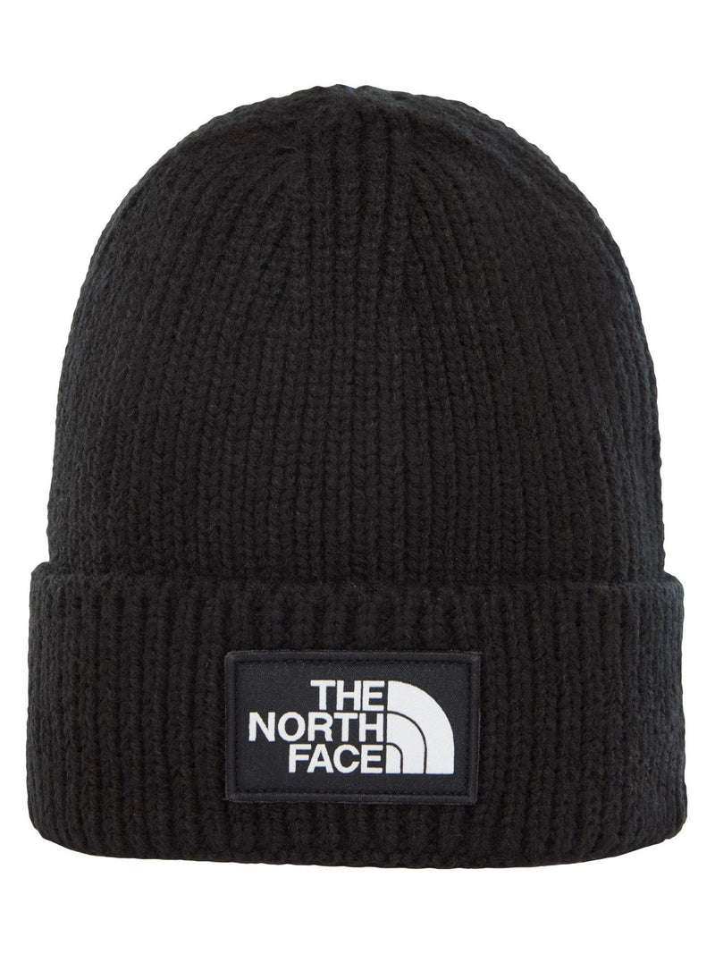 The North Face black logo box cuffed beanie, imported from the UK