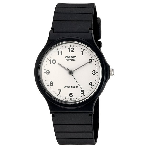 Casio analogue watch with white dial and black resin strap (British brand)