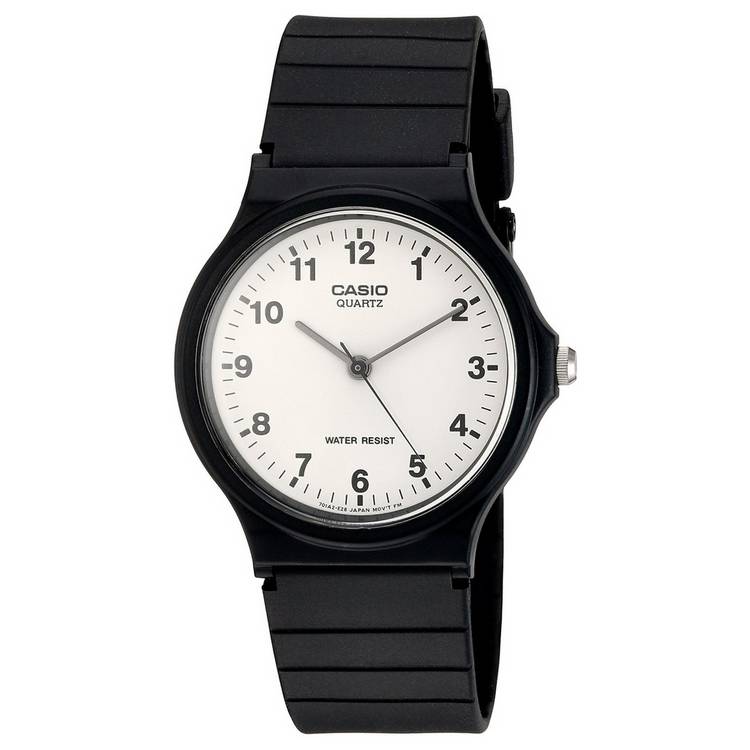 Casio analogue watch with white dial and black resin strap (British brand)