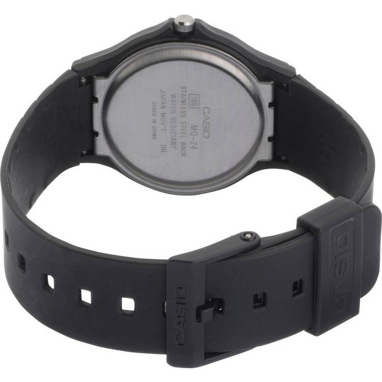 Casio analogue watch with white dial and black resin strap (British brand)