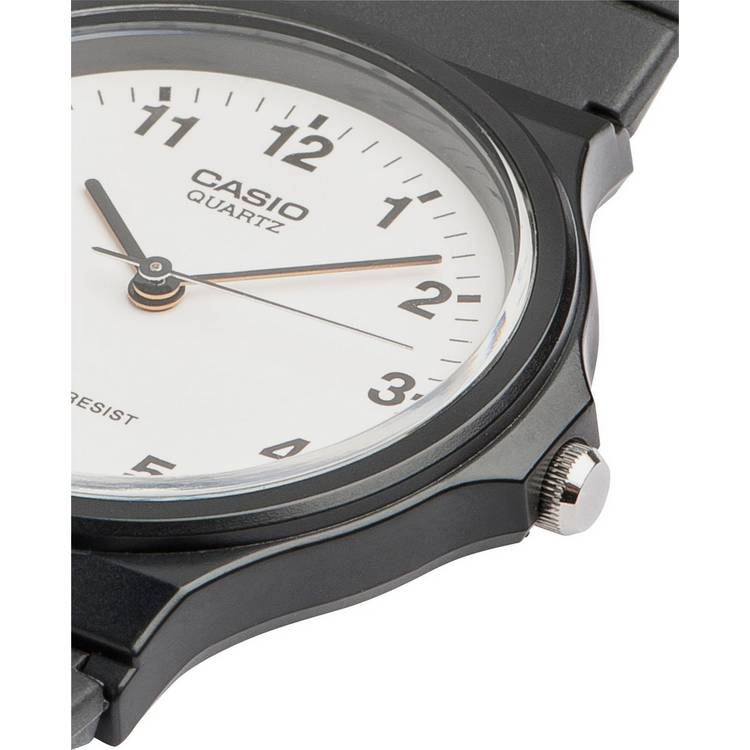 Casio analogue watch with white dial and black resin strap (British brand)