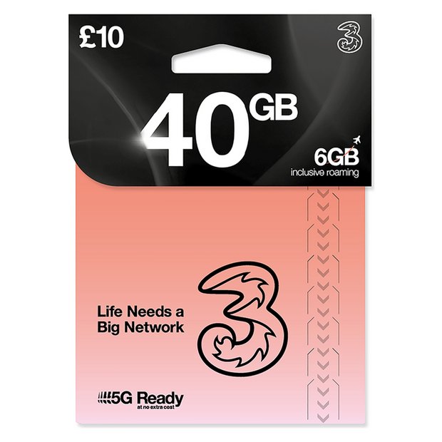 Three 40GB Pay As You Go data SIM card, UK version