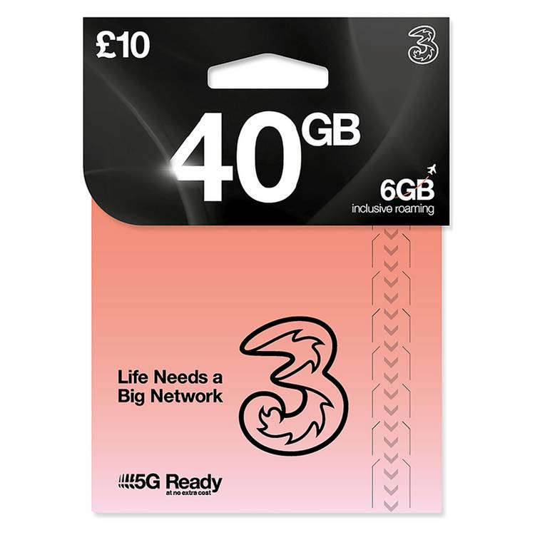 Three 40GB Pay As You Go data SIM card, UK version