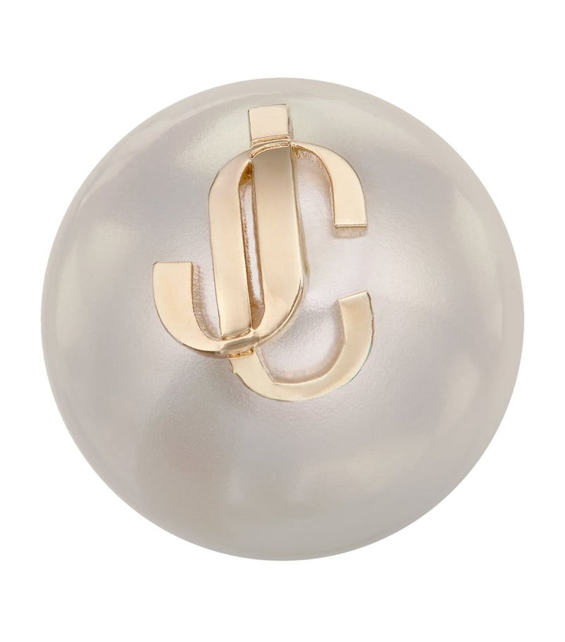 Jimmy Choo stud earrings with faux pearls and gold-tone JC logo (British brand)