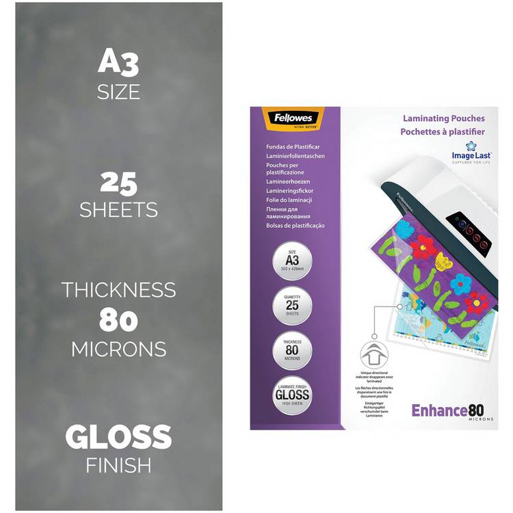 Fellowes A3 laminating pouches 25 pack 80 micron (British brand)