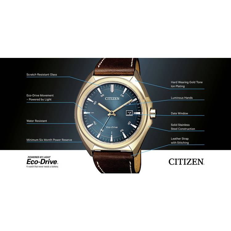 Citizen Eco-Drive brown leather strap watch 44mm, imported from the UK
