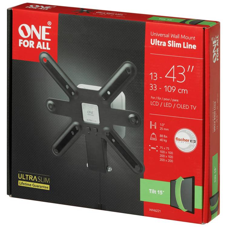 One For All ultra slim tilt TV bracket for 13-43 inch screens, imported from the UK