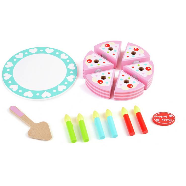 Chad Valley wooden birthday cake set with slices and candles - British product