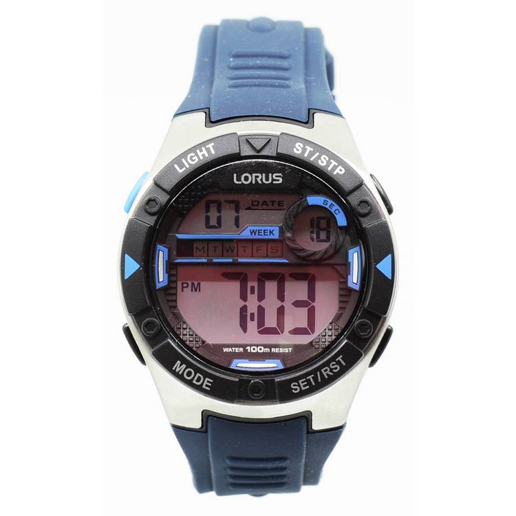 Lorus men's digital watch with blue silicone strap (British brand)