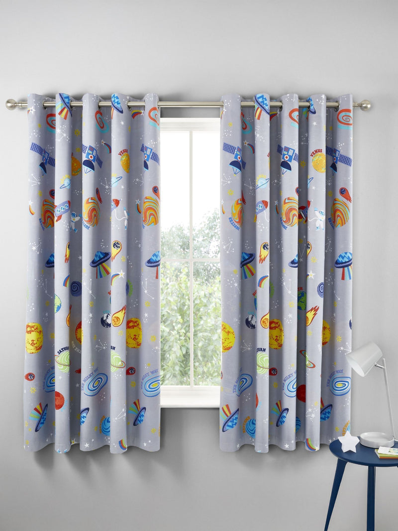Catherine Lansfield Blue Lost In Space reversible lined eyelet curtains 168x183cm, UK version
