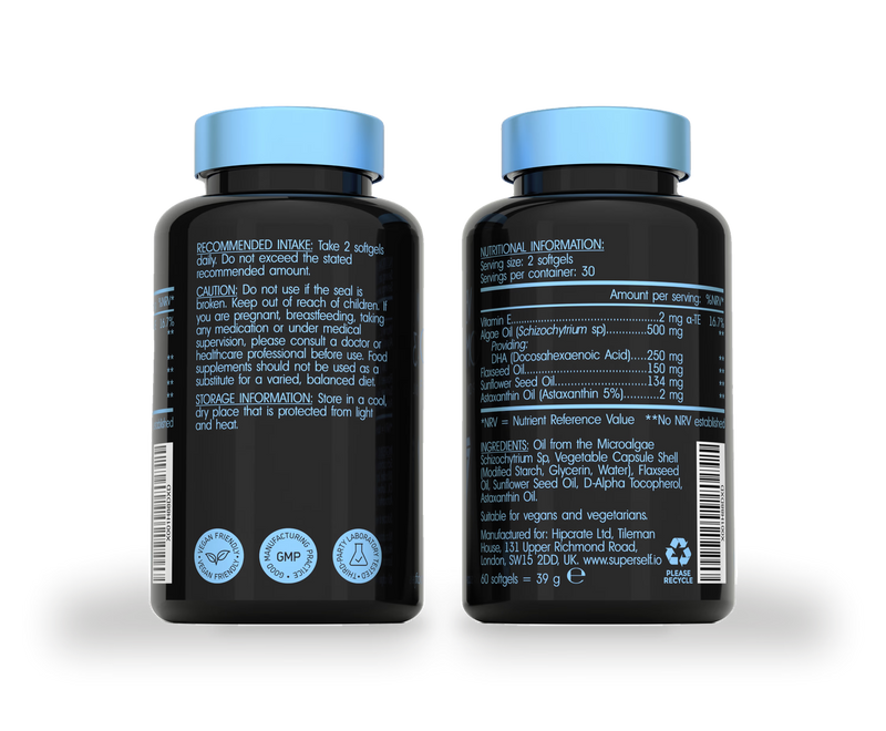 SuperSelf Vegan Omega-3 supplement 60 softgels, imported from the UK