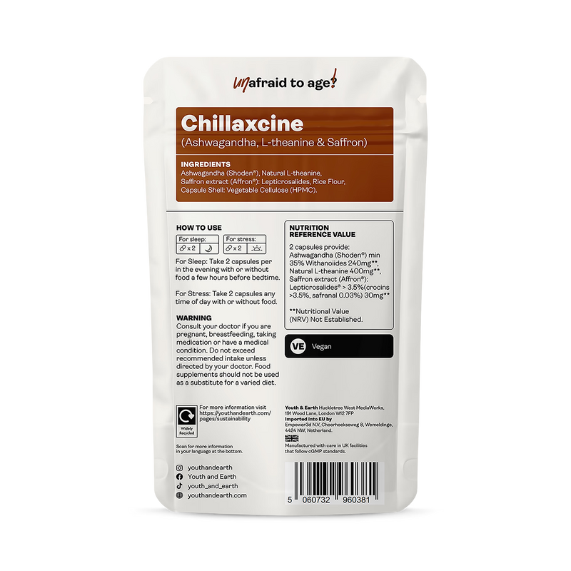 Chillaxcine Ashwagandha L-theanine Saffron 60 capsules, UK version
