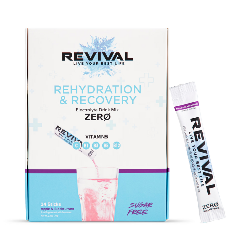 Revival Zero electrolyte drink mix Apple Blackcurrant 14 pack, imported from the UK