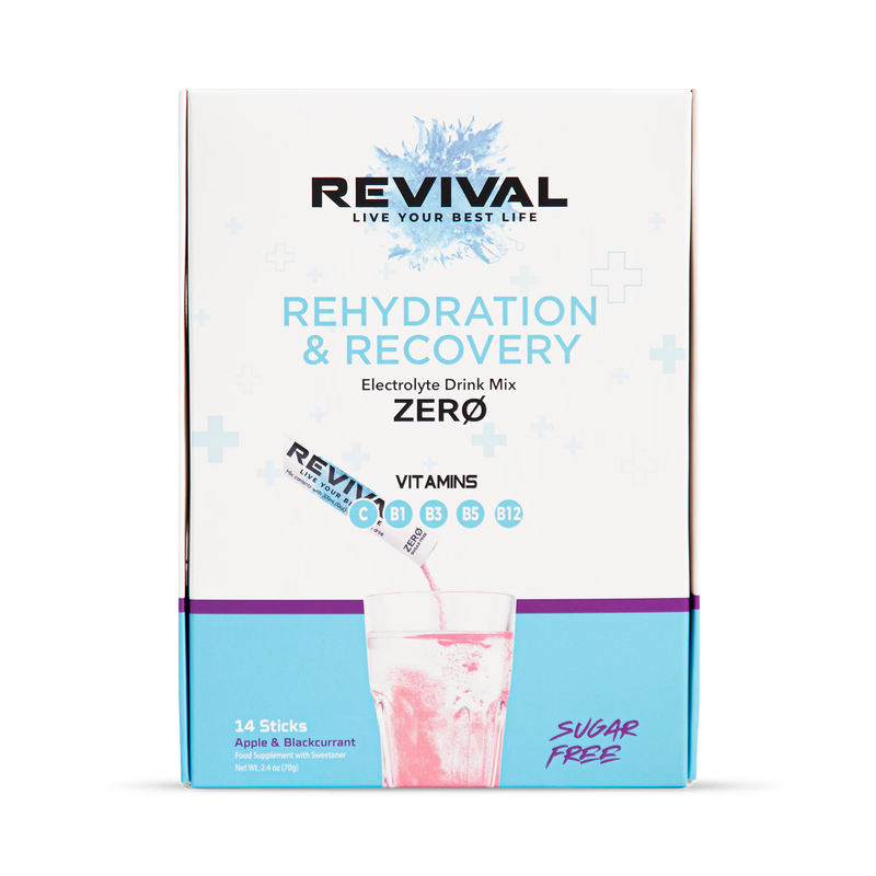 Revival Zero electrolyte drink mix Apple Blackcurrant 14 pack, imported from the UK