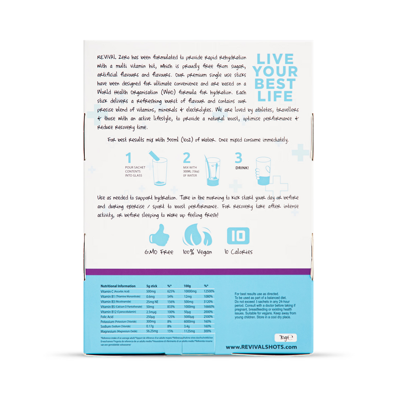 Revival Zero electrolyte drink mix Apple Blackcurrant 14 pack, imported from the UK