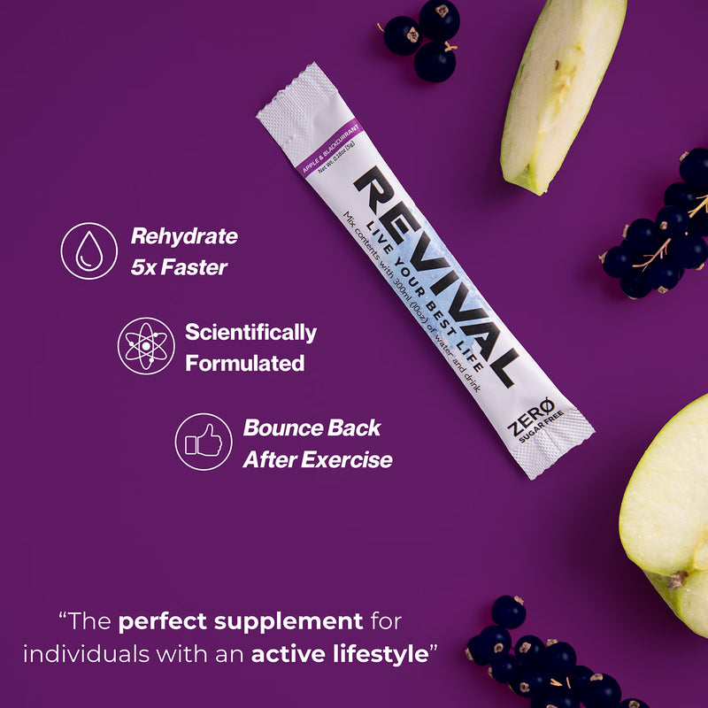 Revival Zero electrolyte drink mix Apple Blackcurrant 14 pack, imported from the UK