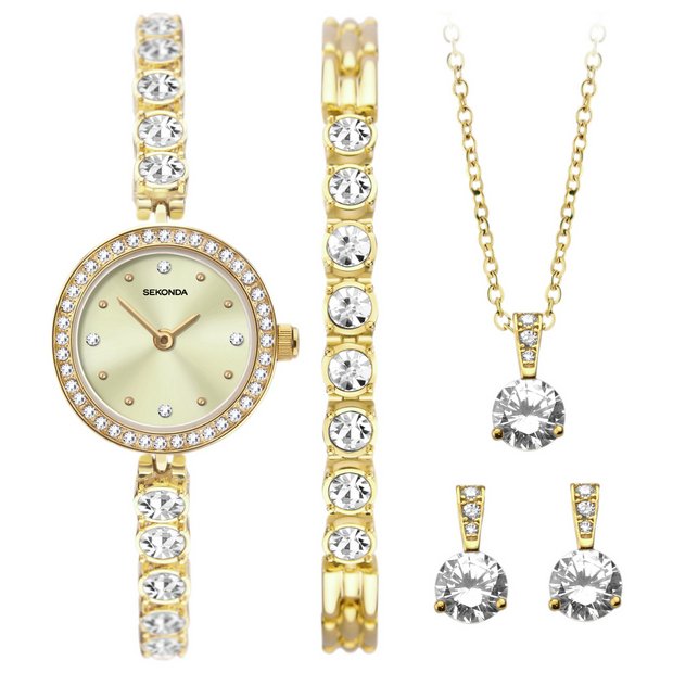 Sekonda gold watch and jewellery gift set with stones (British brand)