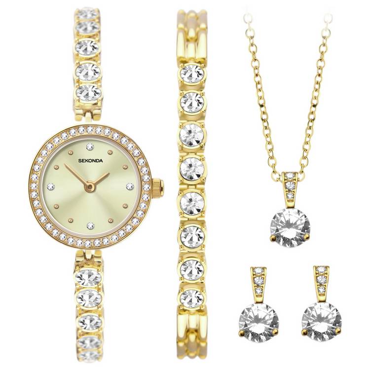 Sekonda gold watch and jewellery gift set with stones (British brand)