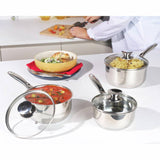 Russell Hobbs 3-piece stainless steel pan set with glass lids, imported from the UK
