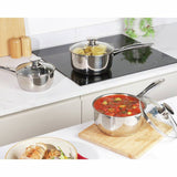 Russell Hobbs 3-piece stainless steel pan set with glass lids, imported from the UK