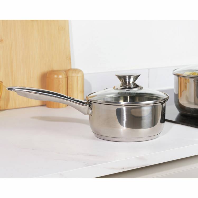 Russell Hobbs 3-piece stainless steel pan set with glass lids, imported from the UK