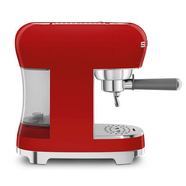 Smeg ECF02 red espresso machine with stainless steel milk jug, imported from the UK