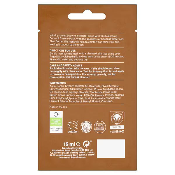 Superdrug Creamy Coconut Face Mask 15ml (British brand)
