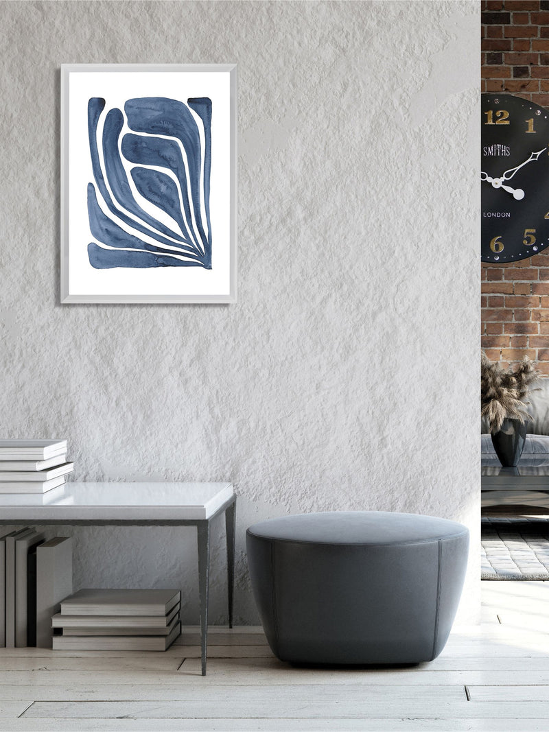 Brookpace Lascelles blue leaf artwork in white frame 26x22 - British product