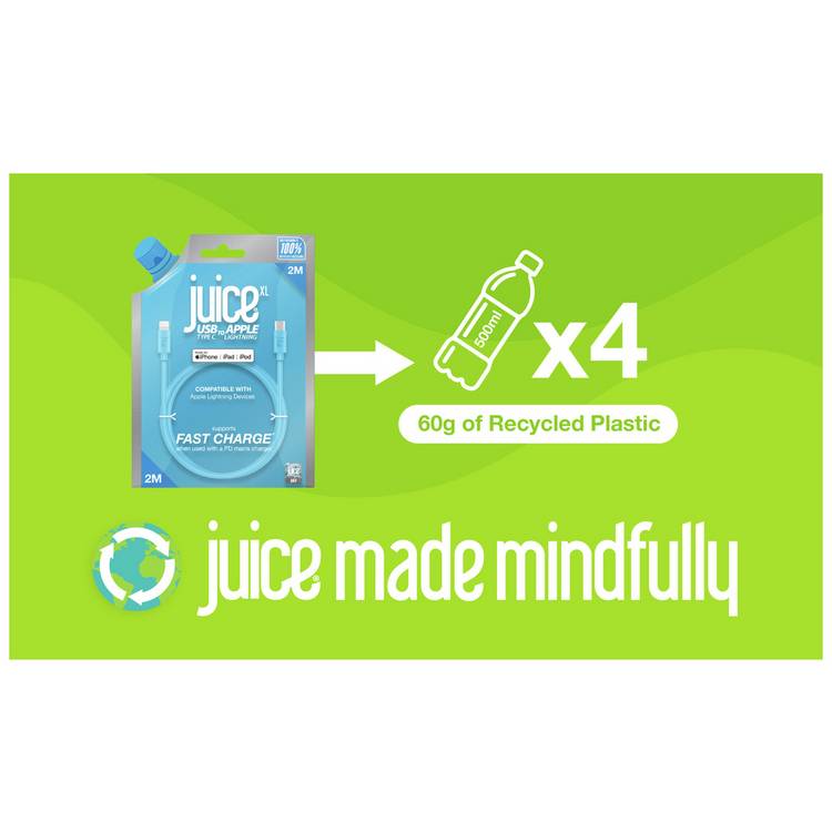 Juice Lightning to USB-C charging cable 2m aqua, imported from the UK
