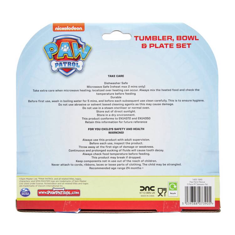PAW Patrol plastic dinner set blue 3-piece (British brand)