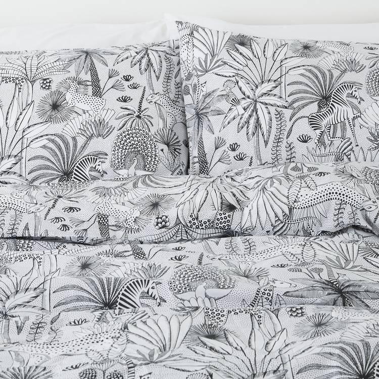 Habitat jungle cotton pillowcase pair white black (British brand)