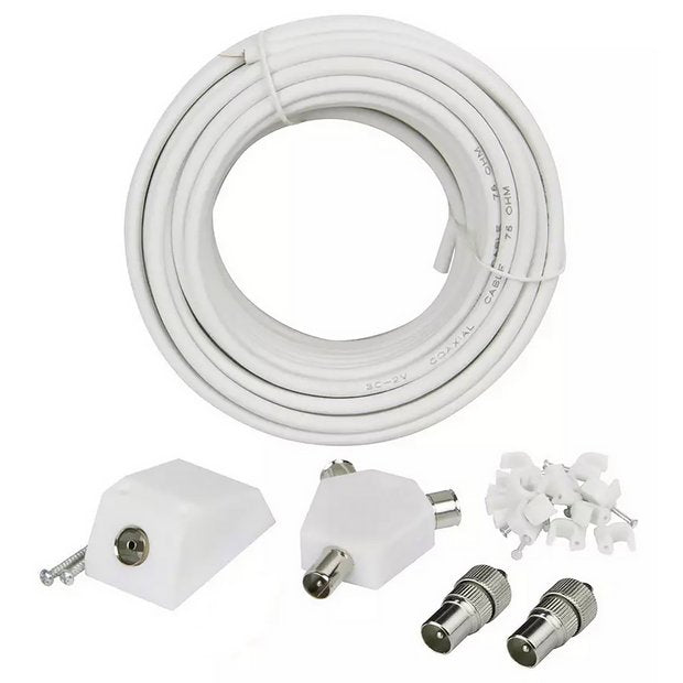 White 15m aerial extension kit with surface socket and clips - British product
