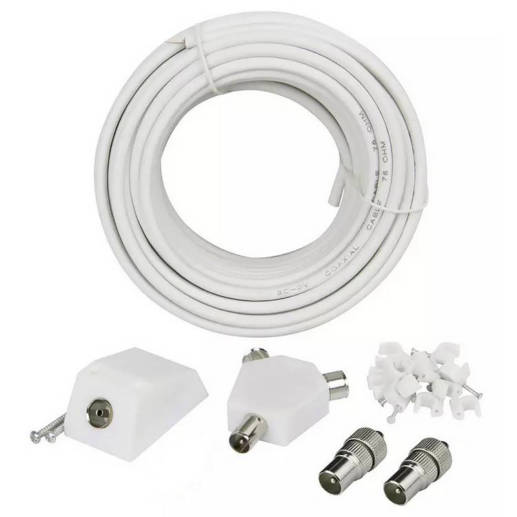White 15m aerial extension kit with surface socket and clips - British product