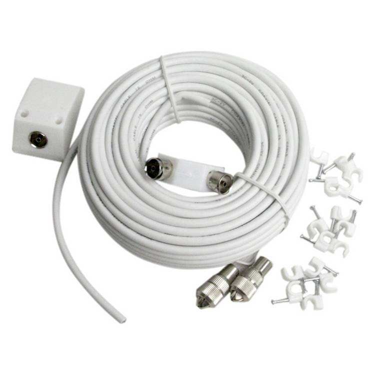 White 15m aerial extension kit with surface socket and clips - British product
