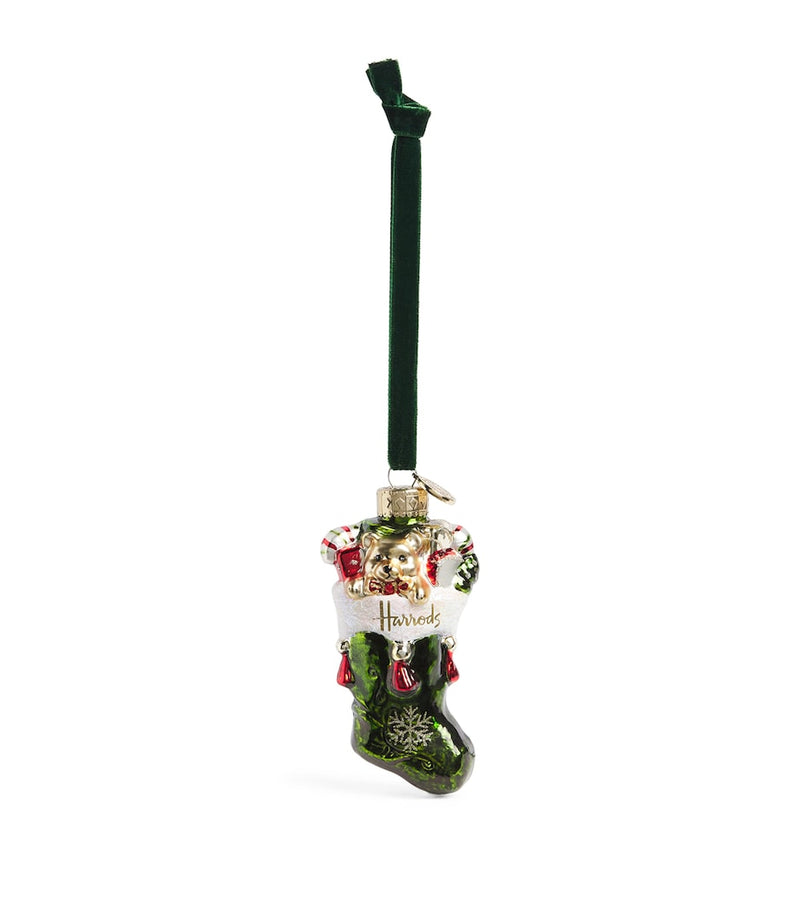 Harrods stocking tree decoration with glitter and lacquer, imported from the UK